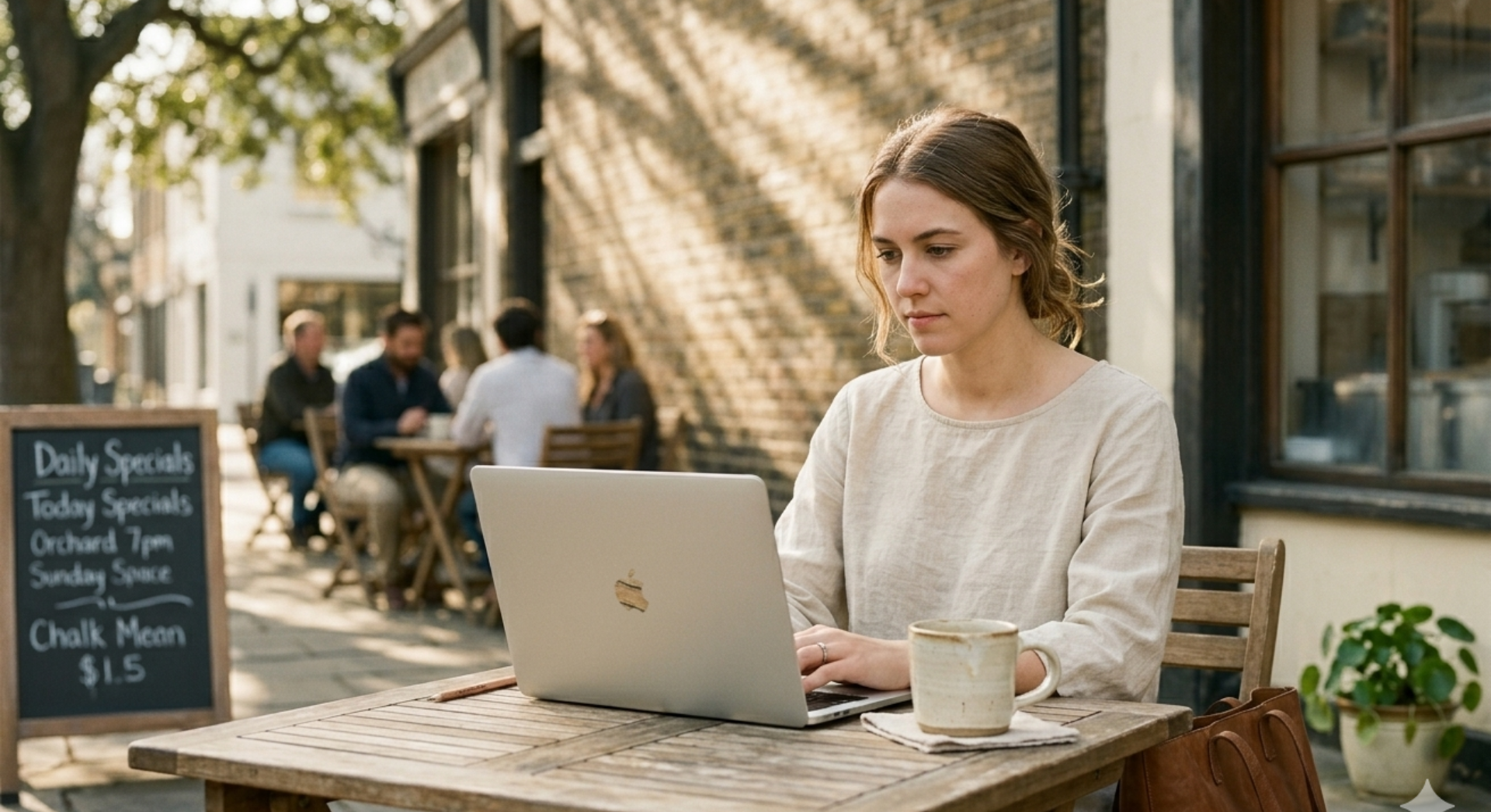 A business owner's dashboard shown in a warm cafe setting.