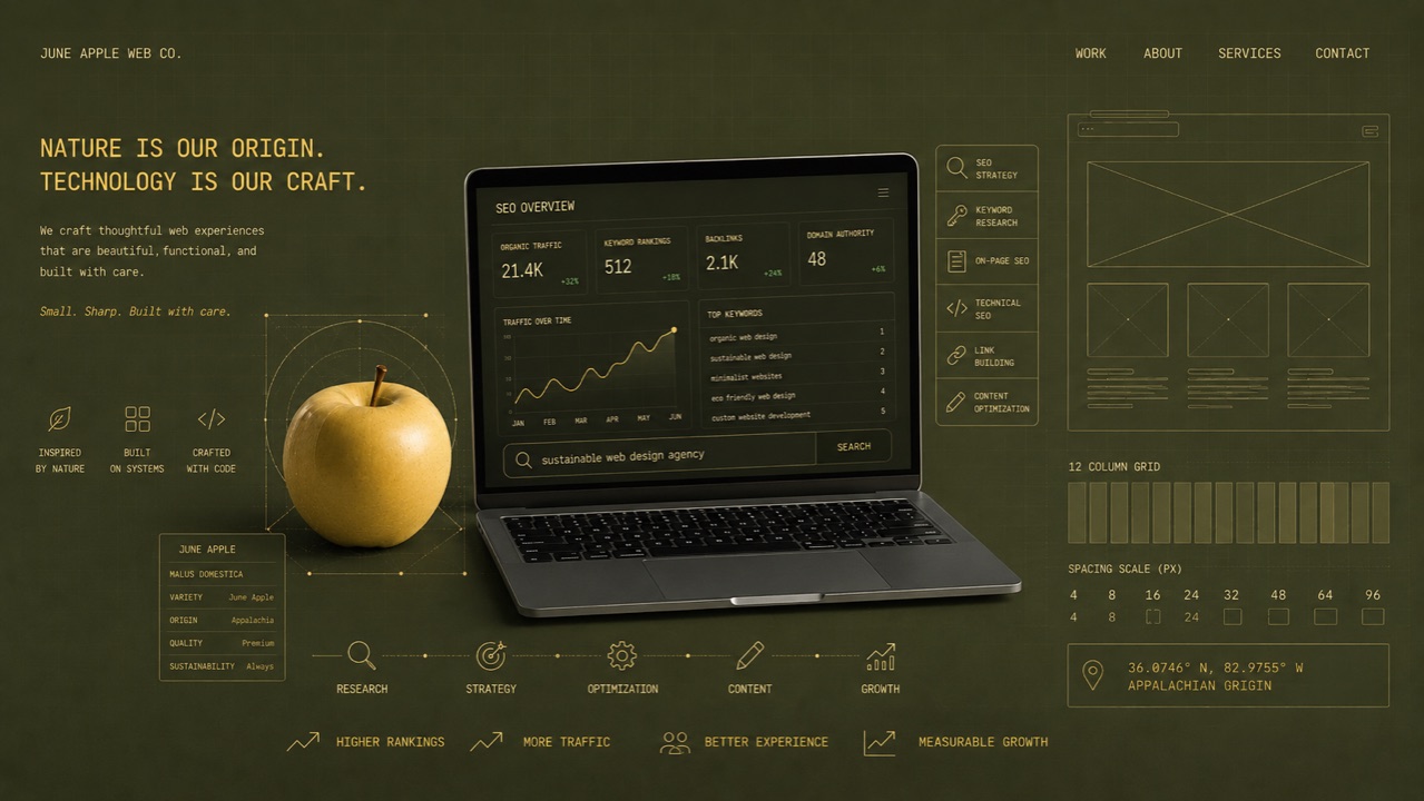 June Apple Web Co. About — a contemporary workspace with the studio's design system.