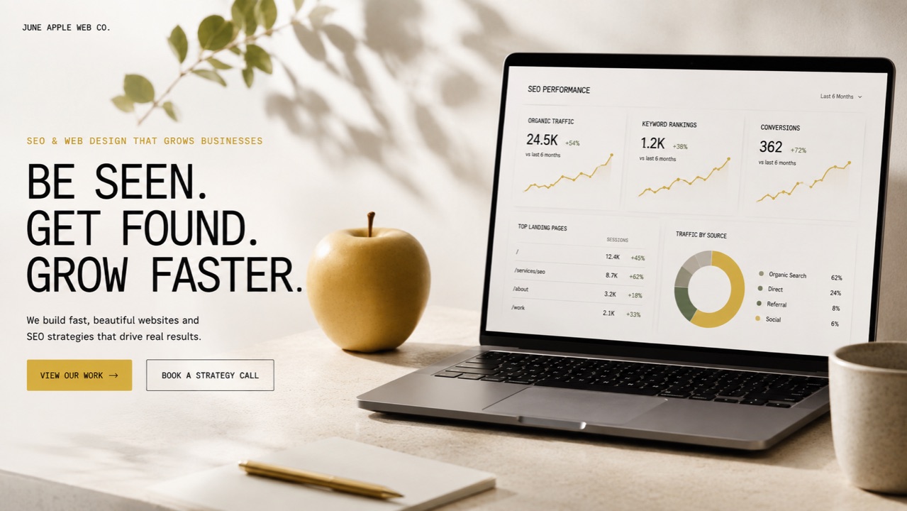 June Apple Web Co. hero image — a modern workspace with a laptop, pale yellow June apple, and warm light.